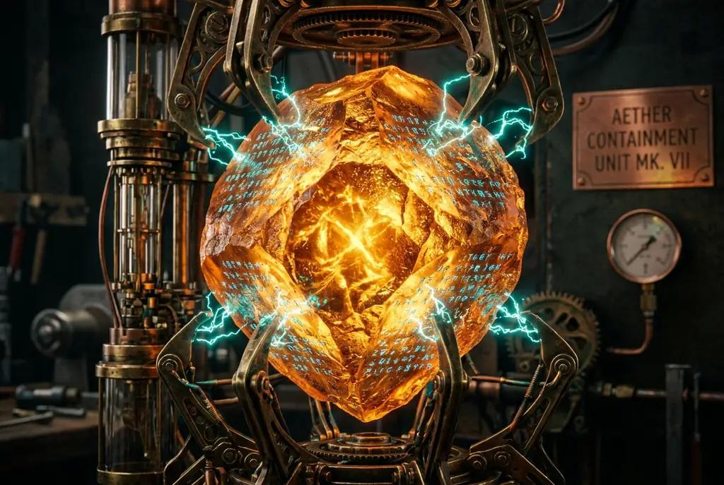 Glowing amber aether crystal powering gears